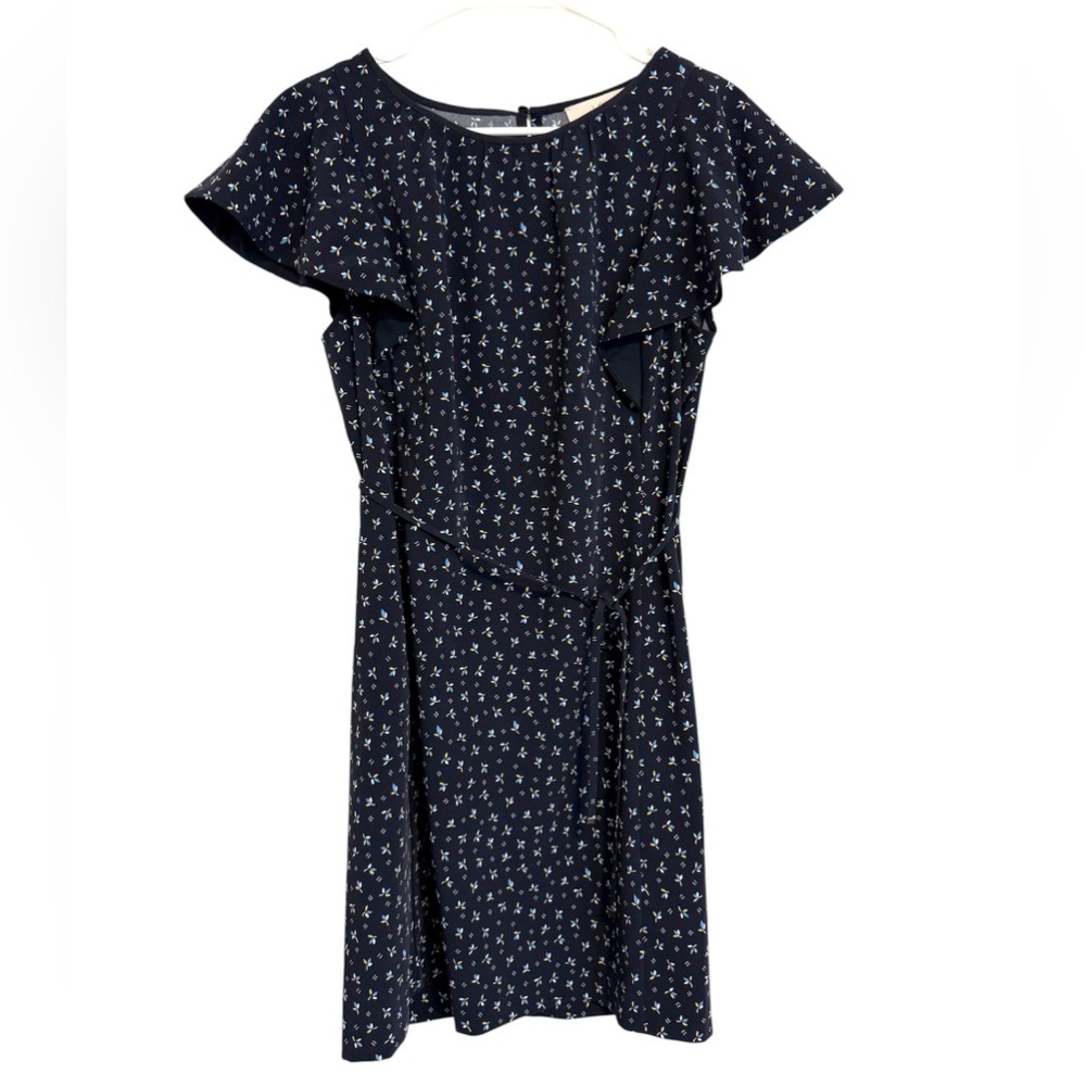 2$30 LOFT Navy Floral Flutter Short Sleeve Tie Waist Dress Size 4